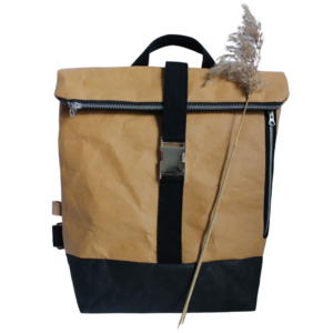 Aspen fold top backpack with secured buckle closure. Rucksack colour in tan and black.