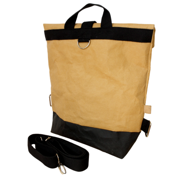 Aspen backpack from behind with detachable black shoulder straps. Colour in tan and black.